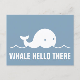 Fun Whale Hello There Pub White on Blue Postcard Postkarte