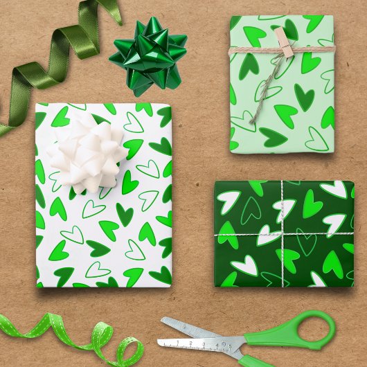 Fun Whimsical Green Heart Pattern Geschenkpapier Set