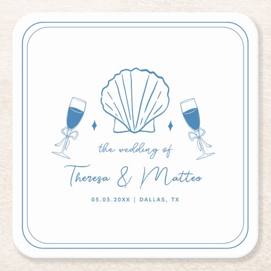 Fun Whimsical Hand Drawn Nautical Coastal Hochzeit Rechteckiger Pappuntersetzer (Vorderseite)