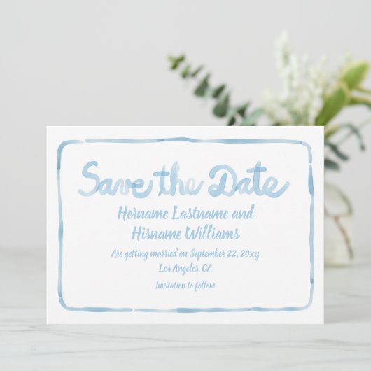 Fun Whimsical Hand gezogen einfache hellblau weiß Save The Date (Stehend Vorderseite)