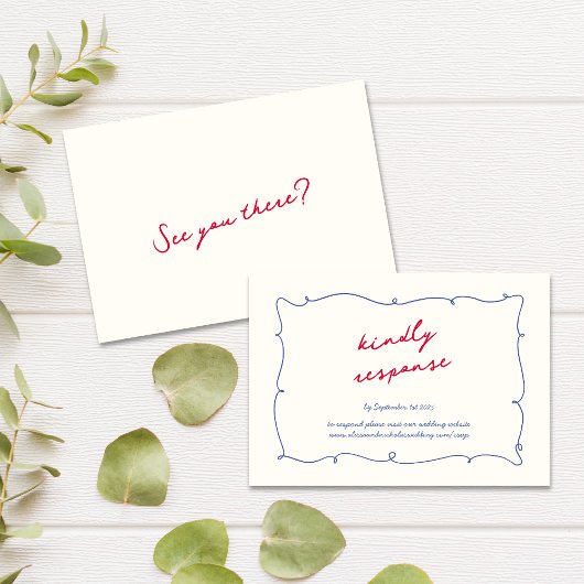 Fun Whimsical Wavy Bright Border & Script Wedding RSVP Karte