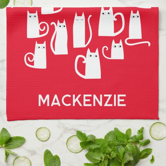 Fun White Cats Personalisierter Name Geschirrtuch (Gefaltet)