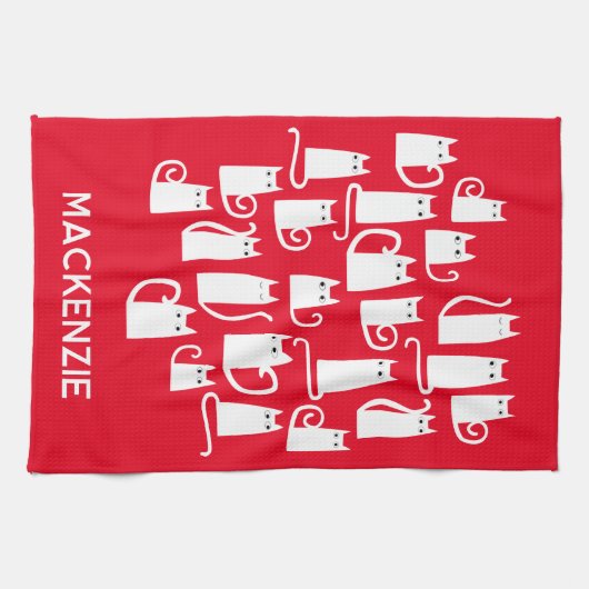 Fun White Cats Personalisierter Name Geschirrtuch (Horizontal)