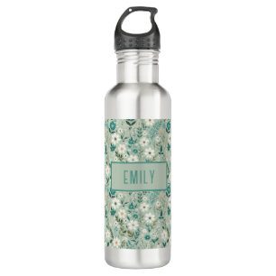 Fun White Daisy Aquamarin Floral Edelstahlflasche