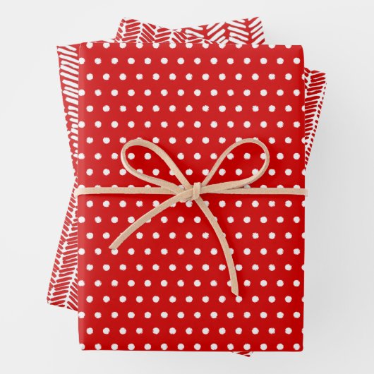Fun White Polka zeigt Zickzack Streifen auf Rot Geschenkpapier Set (Beispiel)