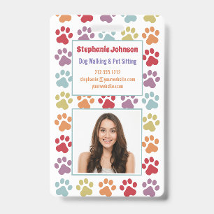 Fun White Rainbow Colored Paw Prints Dog Walker ID Ausweis