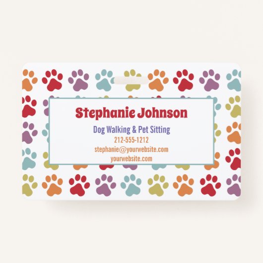 Fun White Rainbow Colored Paw Prints Dog Walking  Ausweis (Vorderseite)