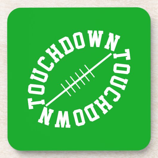 Fun White Slant Football TOUCHDOWN On Bright Green Getränkeuntersetzer (Vorderseite)