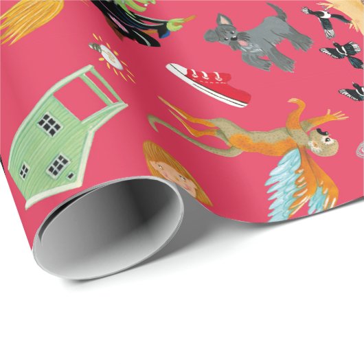 Fun Wizard of Oz on red children's design Geschenkpapier (Rolleneckpunkt)