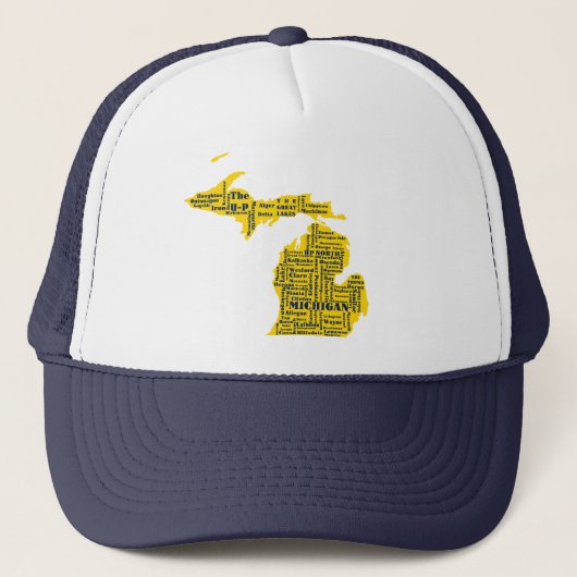 Fun Yellow and Navy Blue Staat in Michigan Cities Truckerkappe (Vorderseite)