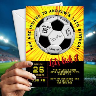 Fun Yellow Custom Text on  Soccer Ball  Birthday  Einladung