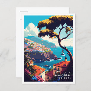 Funchal Portugal Vintage Illustration Postkarte