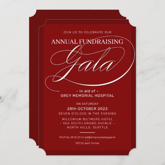 FUNDRAISING GALA elegant event fancy script maroon Einladung (Vorne/Hinten)