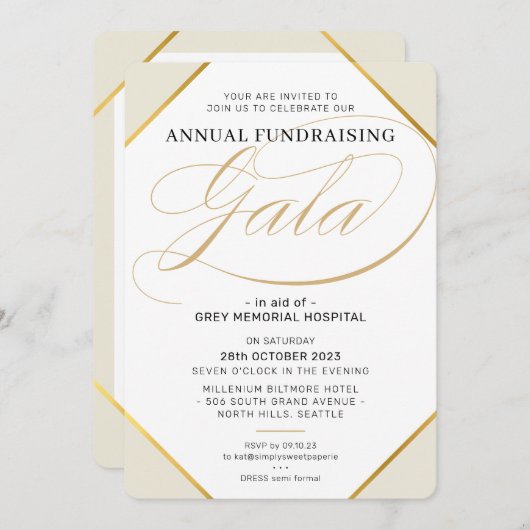 FUNDRAISING GALA elegantes modernes Event Elfenbei Einladung (Vorne/Hinten)