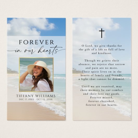 Funeral Beach Forever Hearts Photo Prayer Card (Vorne & Hinten)