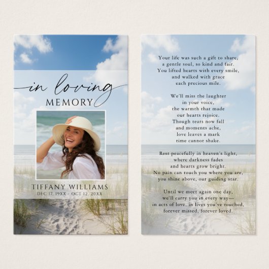 Funeral Beach In Loving Memory Photo Prayer Card (Vorne & Hinten)
