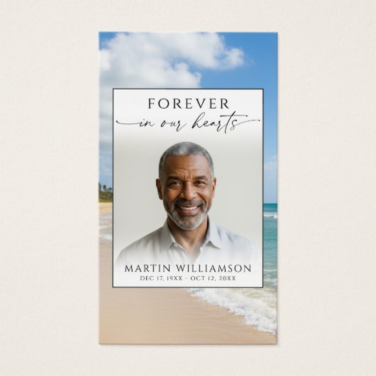 Funeral Beach Photo Forever Hearts Prayer Card (Vorderseite)