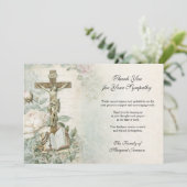 Funeral Catholic Jesus Roses Cross Condolence Dankeskarte (Stehend Vorderseite)