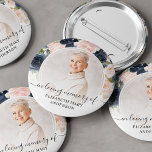 Funeral In Loving Memory Navy Pink Floral Foto Button<br><div class="desc">The perfect button for friends and family to wear at a funeral with an image of your loved one and the words "in loving memory" and their name. The design feature a navy blue and blue pink watercolor floral design.</div>