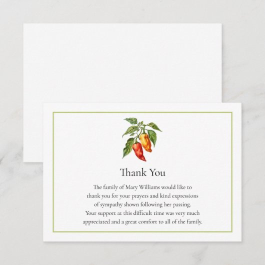 Funeral Memorial Chili Pepper Thank You Note Card Dankeskarte (Vorne/Hinten)