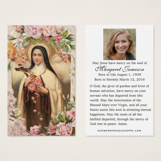 Funeral Memorial Holy Card St. Therese Roses (Vorne & Hinten)
