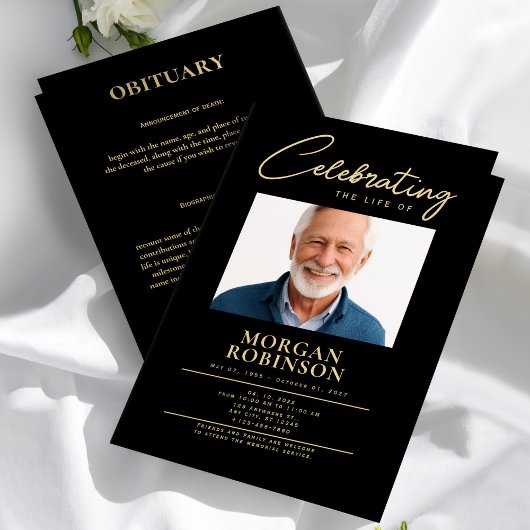 Funeral Program, Celebration of Life, Black & Gold Flyer