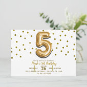 FÜNF 5 5. Goldener Ballon & Confetti Geburtstagspa Einladung (Stehend Vorderseite)