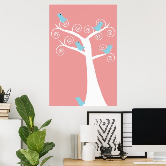 Fünf blaue Vögel in einem Baumposter Poster (Heimbüro)