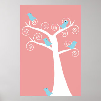 Fünf blaue Vögel in einem Baumposter Poster