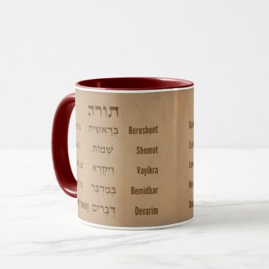 Fünf Bücher der Tora/Bibel auf Hebräisch, Englisch Tasse (Vorderseite Links)