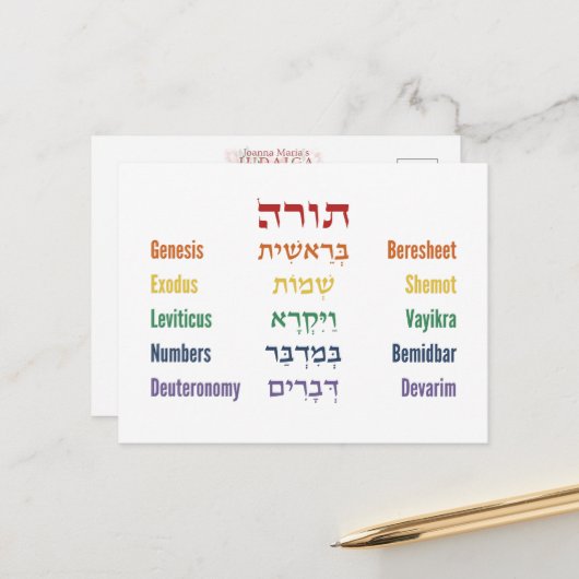 Fünf Bücher des hebräischen Tora-Englischen in Rai Postkarte (Vorderseite/Rückseite Beispiel)