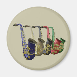 Fünf bunte Saxophone in einer Linie Magnet