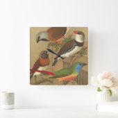 Fünf bunte Tier-Vögel auf einem Zweig Quadratische Wanduhr (Zuhause)