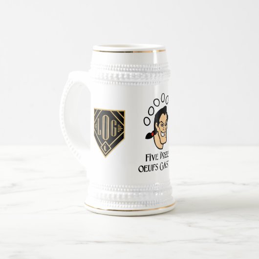 Fünf Dutzend Ouefs Gaston/Herren FF-Logo Stein Bierglas (Vorderseite Links)