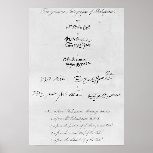 Fünf echte Autographien von William Shakespeare Poster (Vorne)