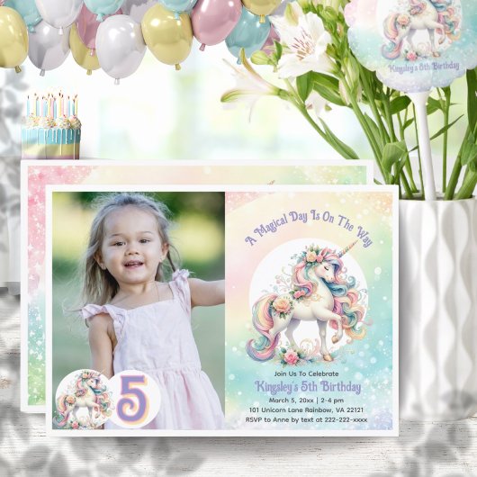 Fünf Einhorn-Pastel-Radiant-Regenbogen-Foto Einladung