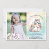 Fünf Einhorn-Pastel-Radiant-Regenbogen-Foto Einladung (Vorderseite)