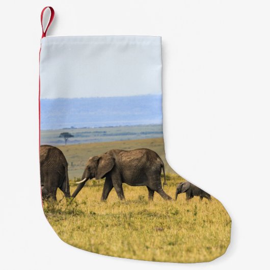 FÜNF ELEFANS AUF BROWN GRASS KLEINER WEIHNACHTSSTRUMPF (Vorderseite)
