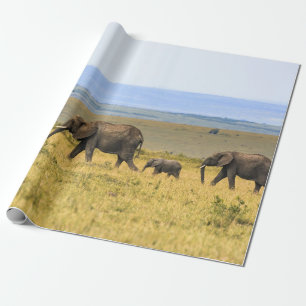 FÜNF ELEFANTEN AUF BRAUNEM GRAS GESCHENKPAPIER