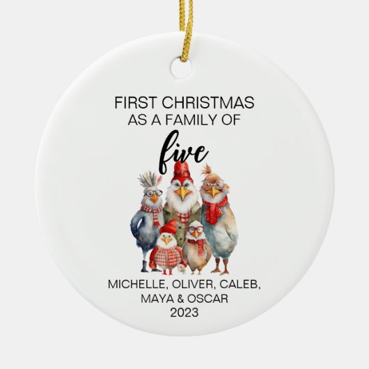 Fünf erste Weihnachtshühnerfamilie Keramik Ornament (Vorne)