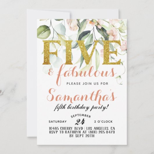 Fünf & fabelhafte Mädchen zum Geburtstag Einladung (Vorderseite)
