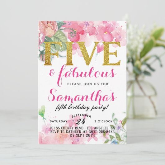 Fünf & fabelhafte Mädchen zum Geburtstag Einladung (Stehend Vorderseite)