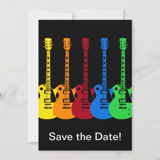 Fünf farbenfrohe E-Gitarren Save The Date (Vorderseite)