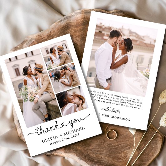 Fünf Foto Collage Script Heart Wedding Dankeskarte