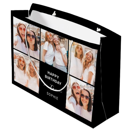 Fünf Foto Grid | Black Happy Birthday Große Geschenktüte (Rückseite Schrägansicht)