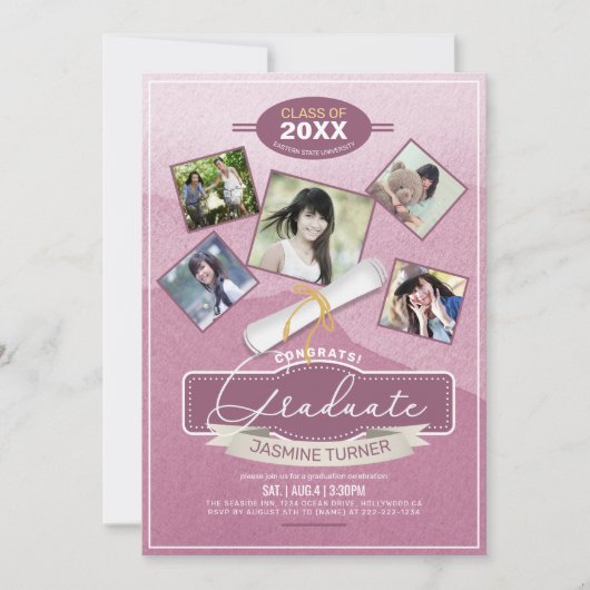 Fünf Fotos auf Aquarellfarben-Graduate Pink-ID892 Einladung (Vorderseite)