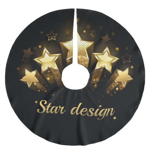 Fünf goldene Sterne auf schwarz Polyester Weihnachtsbaumdecke (Vorderseite)