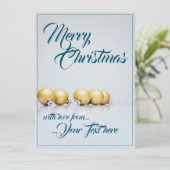 Fünf goldene Weihnachtsbälle - blaues Schreiben (Stehend Vorderseite)