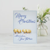 Fünf goldene Weihnachtsbälle - blaues Schreiben (Stehend Vorderseite)