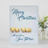 Fünf goldene Weihnachtsbälle - blaues Schreiben (Stehend Vorderseite)